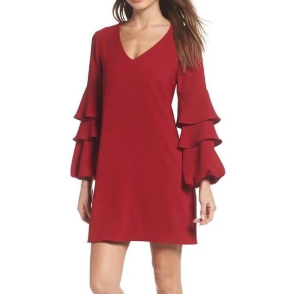 Charles Henry Red Shift Dress V-Neck with Ruffles XS - Picture 1 of 7